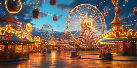 A vibrant carnival scene with ferris wheels and games, capturing the essence of magical memories made over time