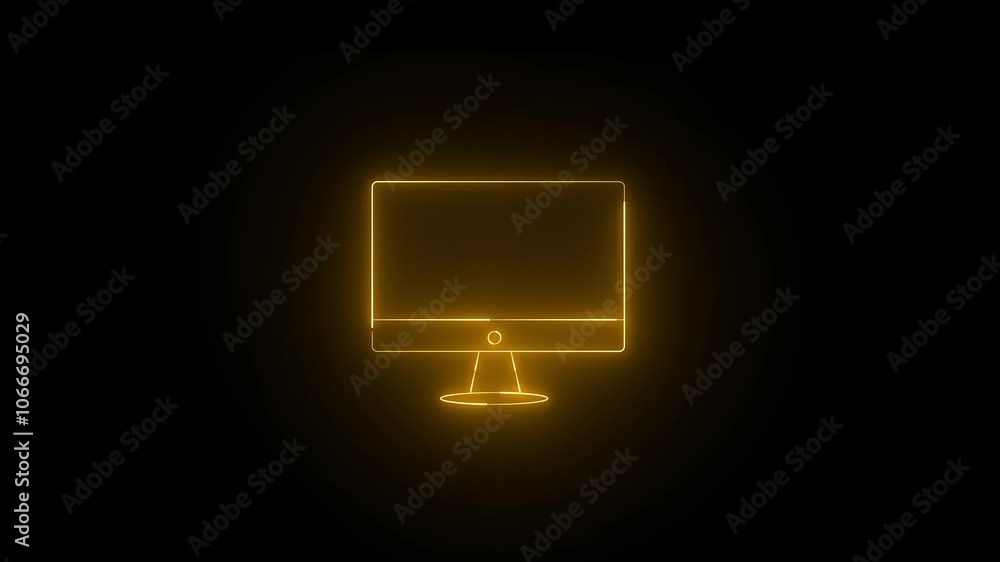 Poster glowing neon line computer monitor icon animation on a black background. neon monitor icon.