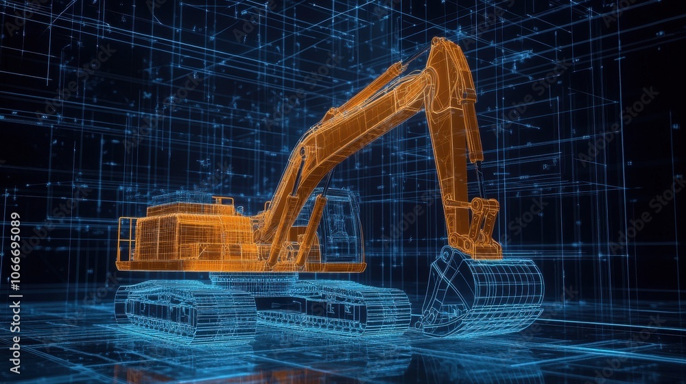 Aufkleber a close-up shot of the excavator's bucket in action, with overlaying blueprints that detail its engi