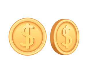 Two gold coins with dollar signs, representing currency, income, or wealth. Suitable for financial, gaming, and investment themes. Vector illustration isolated on white background