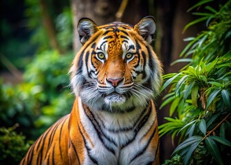 Fototapeta premium The majestic Siberian tiger, Panthera tigris altaica, reigns in captivity.