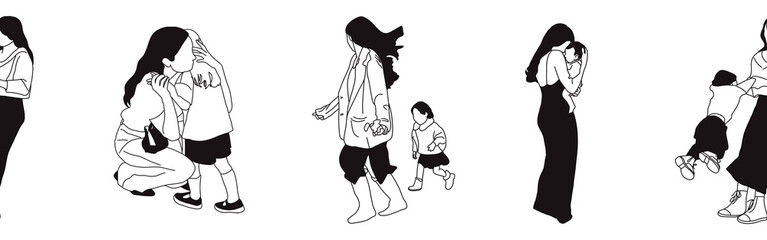 Hand-drawn doodle family border. Outline family clipart. Hand-drawn black art.