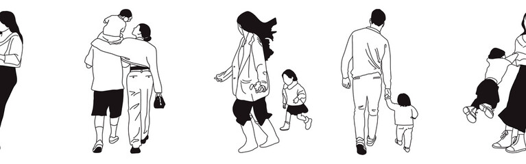 Hand-drawn doodle family border. Outline family clipart. Hand-drawn black art.