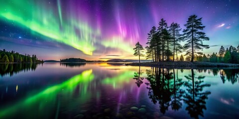 Fototapeta premium Northern Lights Over Calm Lake in Sweden - Majestic Aurora Borealis Reflections in Tranquil Waters, Scenic Nature Photography, Serene Night Sky, and Vibrant Colors