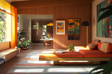 Midcentury modern eclectic room, large window with soft sunlight, natural wood tones, colorful accents, highquality 3D render