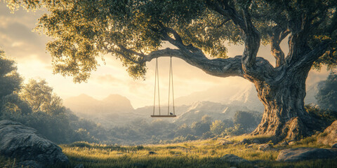 An ancient tree with a swing hanging from its branches, representing the joy of childhood and the magic of timeless moments