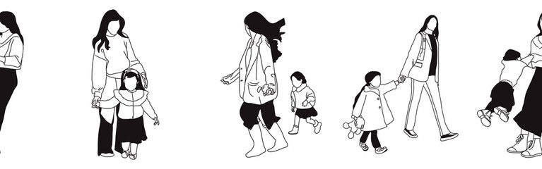 Hand-drawn doodle family border. Outline family clipart. Hand-drawn black art.