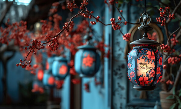 A closeup of a red floral lantern with the words Happy New Year inscribed, hanging from a branch with red berries.
