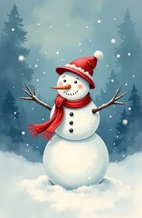 Fototapeta premium Christmas card with a snowman in vintage style. Snowman in a hat and scarf is standing on the snow.