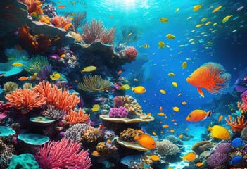 explore vibrant coral landscape filled colorful uniquely shaped coral various marine life interacting sublime underwater world, fish, reef, ocean, wildlife