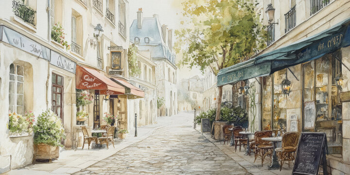 Hand painted watercolor of a Parisian street with quaint buildings, cafe tables, and a cobblestone path