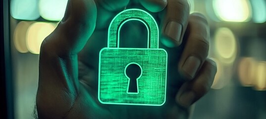 Digital Padlock Held In Hand With Glowing Green Binary Code, Technology Security Concept