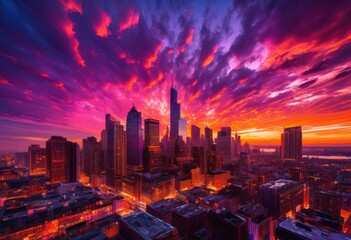 Fototapeta premium breathtaking cityscapes bathed vibrant sunset colors showcasing dynamic urban landscapes striking skyscapes, skyline, architecture, evening, light