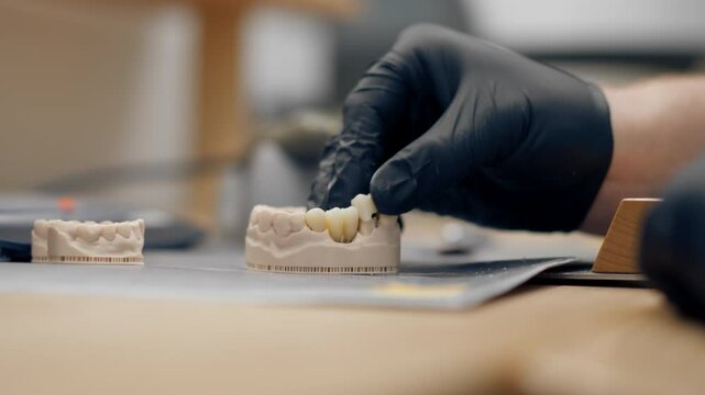 close up professional laboratory for the production of dental protoses veneers and crowns a specialist adjusts a crown to the shape of a person's jaw gums professional equipment
