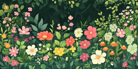 Charming garden background with blooming flowers and lush greenery, ideal for spring-themed projects