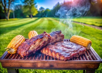 Outdoor Barbecue Feast: Juicy Ribs and Sweet Corn on the Cob Grilling in a Park Setting
