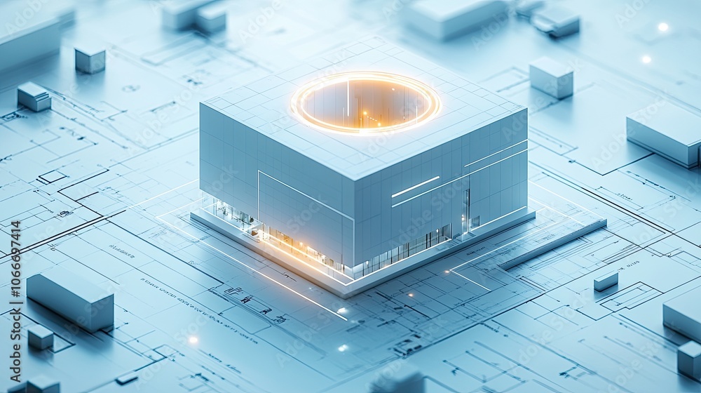 Poster a glowing white cube with a circular light source sits on a futuristic circuit board.
