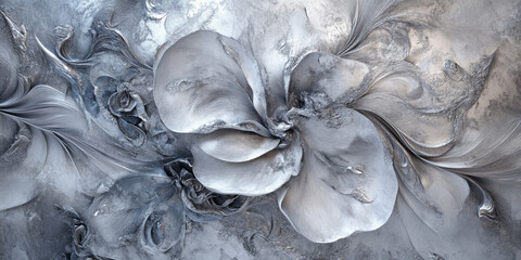 An intricate abstract background with complex patterns and textures in shades of silver and grey, exuding elegance