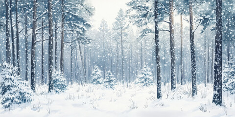 Fototapeta premium Hand painted watercolor of a dense pine forest in winter with gentle snow covering the trees
