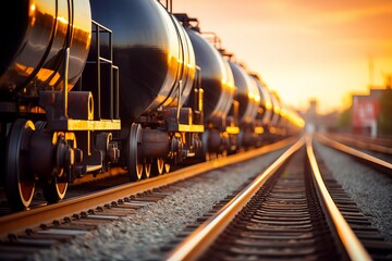 Oil tankers lined along railway tracks at sunset in a tranquil industrial landscape