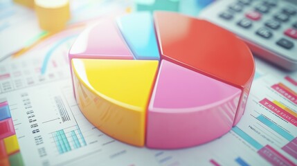 Fototapeta premium Colorful Pie Chart on Financial Documents and Calculator