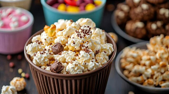 A bowl of popcorn with chocolate pieces and sprinkles sits on a table with other snacks