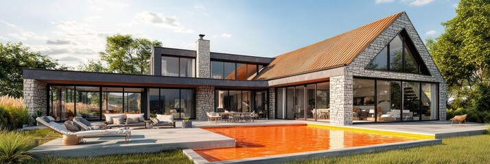 Obraz premium Sunny family concept: 3D model of a country home with ash roofing and a vibrant orange pool.