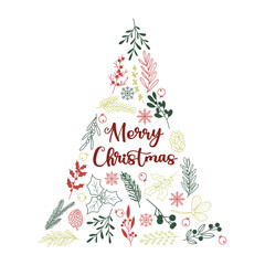 Merry Christmas hand drawn vector illustration, holiday Christmas tree print with winter branches