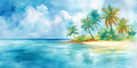 Fototapeta premium Hand painted watercolor of a tropical island with turquoise waters, palm trees, and soft sands
