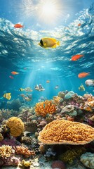 Naklejka premium Underwater Coral Reef with Colorful Fish and Sunbeams.