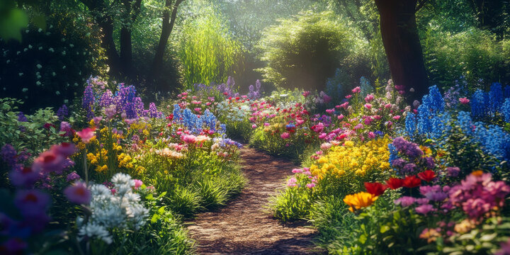 A whimsical garden with flowers that bloom at different times, showcasing the magic of nature and the passage of time