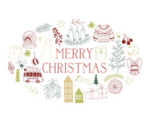 Merry Christmas doodle hand drawn vector illustration, winter holiday elements and plants
