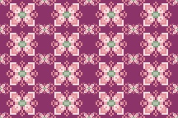 Seamless geometric flowers pixel art pattern on purple background design decoration for a variety of fabrics.
