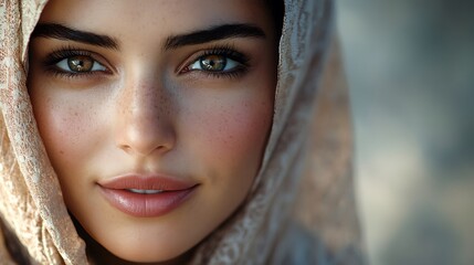 Close-up portrait of a woman in a traditional hijab, her face softly illuminated by warm, natural light, showcasing her peaceful smile and soulful eyes. Background subtly blurred with earthy tones,