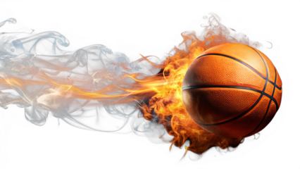Flaming Basketball on Fire with Smoke Trail, Isolated on White Background