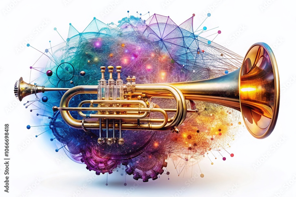 Poster panoramic view of isolated flugelhorn and abstract 3d digital brain connected by lines and dots for 