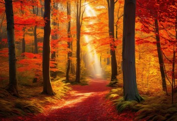 Fototapeta premium breathtaking woodland scene featuring captivating autumn foliage displaying rich tapestry vibrant colors amidst tall trees soft pathways, nature, park