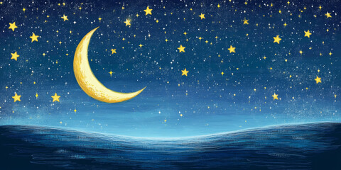 Naklejka premium Starry night sky background with twinkling stars and a crescent moon, perfect for dreamy and whimsical themes