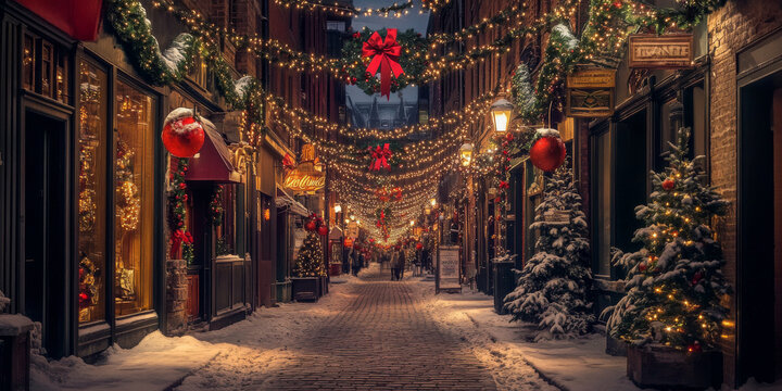 Beautifully lit city street adorned with holiday decorations, creating a festive and welcoming environment
