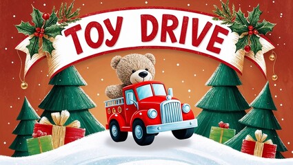Toy Drive Text with Teddy Bear, Vintage Card Style
