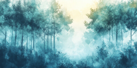 Obraz premium Hand painted watercolor of an enchanted forest scene with tall trees and mist