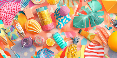 Fototapeta premium A cheerful digital collage of various products on sale, highlighted with bright colors and playful patterns