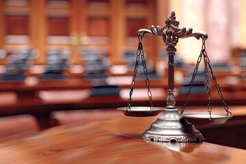 At a courtroom, a scale of justice is prominently placed upon a wooden table