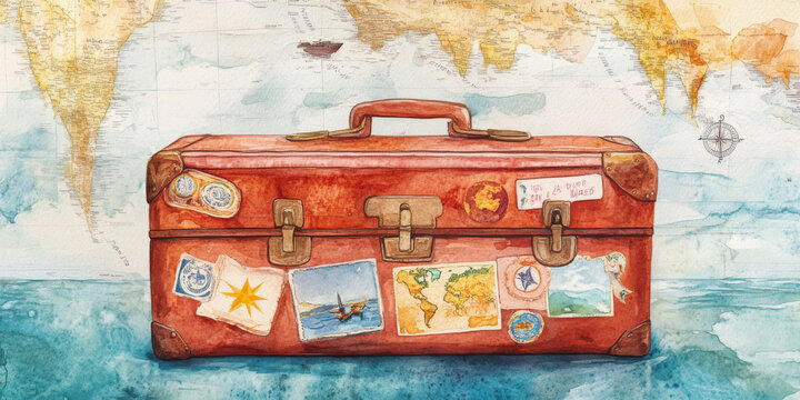 Hand painted watercolor of a vintage suitcase with travel stickers and a map background