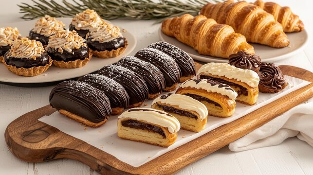 A beautifully arranged display of French eclairs, tarts, and croissants, capturing the elegance of National Pastry Day