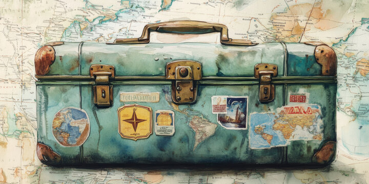 Hand painted watercolor of a vintage suitcase with travel stickers and a map background