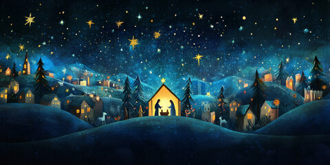 A traditional nativity scene set against a starry night backdrop, evoking the true spirit of Christmas