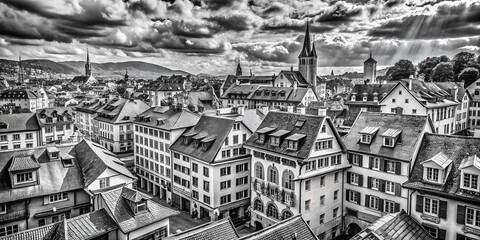 Obraz premium Picturesque Black and White View of Zurich's Historic Tile Roofs and Cobblestone Streets - Architectural Beauty and Urban Charm in Switzerland