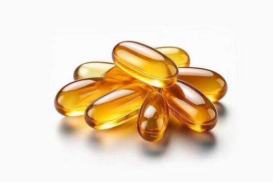 Golden color oil in soft gel capsule isolated on white background. Clipping path. Fish oil capsule isolated on white background

