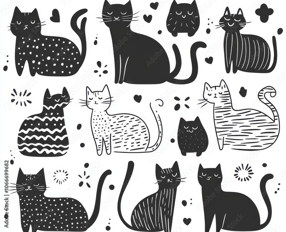 Poster a seamless pattern with hand-drawn cats in textured forms